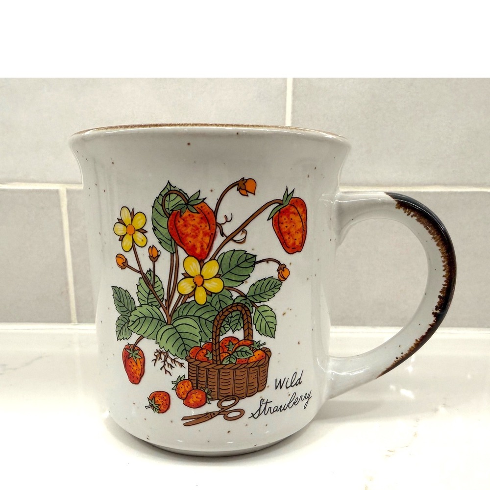 Vintage Wild Strawberry Coffee Mug White  Speckled Stoneware